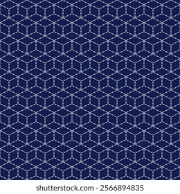 Sashiko embroidery seamless vector pattern. Needlework fabric design. Japanese embroidery ornament white stitches on the indigo blue background.