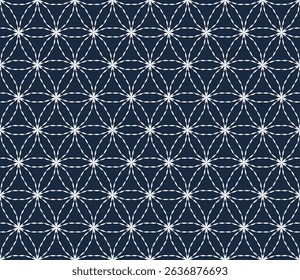 Sashiko embroidery seamless vector pattern. Needlework fabric design. Japanese embroidery ornament with white stitches on the indigo blue background. Suitable for clothing, textiles.