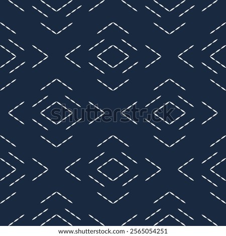 Sashiko embroidery seamless vector pattern. Needlework fabric design. Japanese embroidery ornament white stitches on the indigo blue background. 