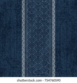 Sashiko indigo dye pattern with traditional white Japanese embroidery, vector illustration