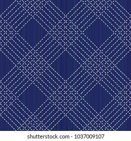 Sashiko kimono pattern. Abstract seamless texture. Japanese embroidery ornament. White stitches on the indigo blue background. For decoration, pattern fills for printing on fabric.