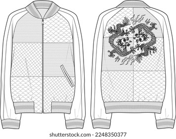 SASHIKO PATCH BOMBER AND JACKET WITH DRAGON PRINT ON BACK VECTOR