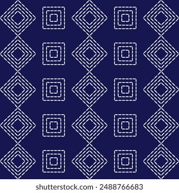 Sashiko Muster Abstrakte nahtlose geometrische Textur. Japanische Stickerei Ornamente Weiße Stichlinie Kunstwerk Indigo Hintergrund Vektorgrafik Diamant Quadrate