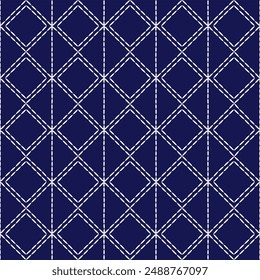 Sashiko pattern abstract seamless geometric texture.Japanese embroidery ornaments white stitch line artwork indigo background vector square