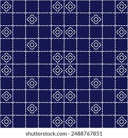 Sashiko pattern abstract seamless geometric texture.Japanese embroidery ornaments white stitch line artwork indigo background vector grid square