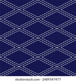 Sashiko pattern abstract seamless geometric texture.Japanese embroidery ornaments white stitch line artwork indigo background vector diamond square