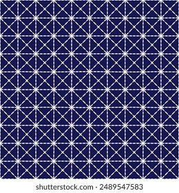 Patrón de Sashiko abstracto sin fisuras textura geométrica. Adornos de bordado japonés línea de puntada blanca obra de arte de fondo índigo Vector cuadrado malla de rejilla
