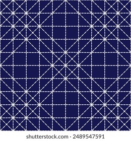 Patrón de Sashiko abstracto sin fisuras textura geométrica. Adornos de bordado japonés línea de puntada blanca obra de arte de fondo de color índigo malla de rejilla de Vector