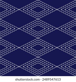 Sashiko pattern abstract seamless geometric texture.Japanese embroidery ornaments white stitch line artwork indigo background vector diamond square
