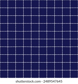 Sashiko pattern abstract seamless geometric texture.Japanese embroidery ornaments white stitch line artwork indigo background vector square