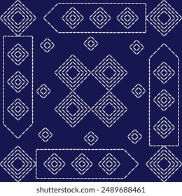 Patrón de sashiko abstracto sin fisuras geométrica textura.Japonés adornos de bordado línea de puntada blanca obra de arte de fondo índigo Vector cuadrado indio