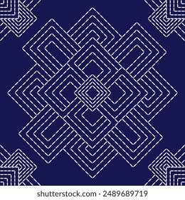 Sashiko pattern abstract seamless geometric texture.Japanese embroidery ornaments white stitch line artwork indigo background vector stripes block square