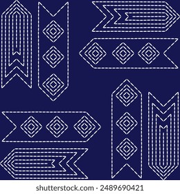 Patrón de Sashiko abstracto sin fisuras textura geométrica. Adornos de bordado japonés línea de puntada blanca ilustración de fondo índigo Vector patrón de flecha cuadrada