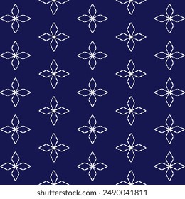 Sashiko pattern abstract seamless geometric texture.Japanese embroidery ornaments white stitch line artwork indigo background vector 
diamond flower