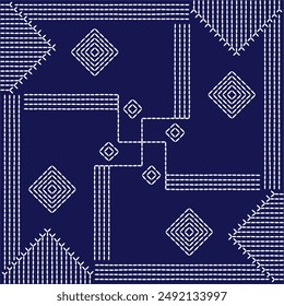 Sashiko pattern abstract seamless geometric texture.Japanese embroidery ornaments white stitch line artwork indigo background vector 
arrow square 