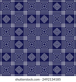 Sashiko pattern abstract seamless geometric texture.Japanese embroidery ornaments white stitch line artwork indigo background vector 
square diamond cross line