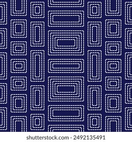 Sashiko pattern abstract seamless geometric texture.Japanese embroidery ornaments white stitch line artwork indigo background vector 
rectangle square shape