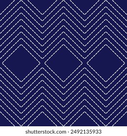 Sashiko pattern abstract seamless geometric texture.Japanese embroidery ornaments white stitch line artwork indigo background vector 
zigzag line