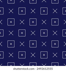 Sashiko pattern abstract seamless geometric texture.Japanese embroidery ornaments white stitch line artwork indigo background vector square cross

