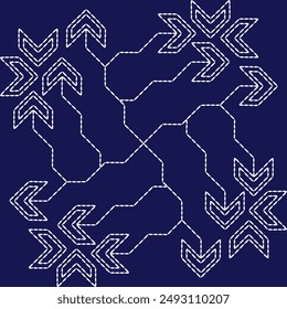 Sashiko pattern abstract seamless geometric texture.Japanese embroidery ornaments white stitch line artwork indigo background vector arrow line

