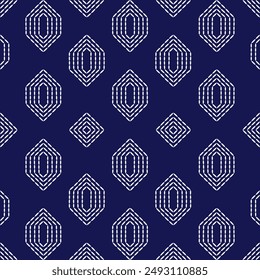 Sashiko pattern abstract seamless geometric texture.Japanese embroidery ornaments white stitch line artwork indigo background vector diamon hexagon square

