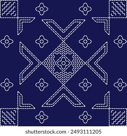 Sashiko pattern abstract seamless geometric texture.Japanese embroidery ornaments white stitch line artwork indigo background vector fish flower center

