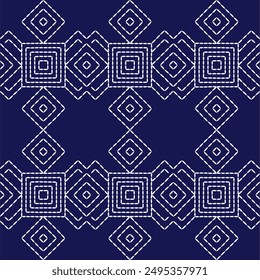 Sashiko pattern abstract seamless geometric texture.Japanese embroidery ornaments white stitch line artwork indigo background vector simple square diamond
