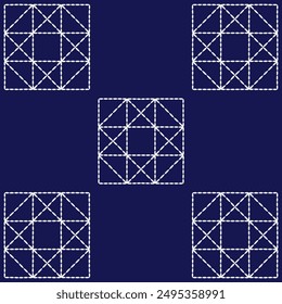 Sashiko pattern abstract seamless geometric texture.Japanese embroidery ornaments white stitch line artwork indigo background vector 
grid square shape