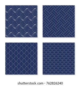 Sashiko. Seamless patterns. Set of abstract textures. Japanese motifs. Four simple backgrounds - shell, pine bark, fishing scales and weaving. Indigo lines and stitches. For pattern fills.
