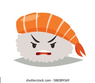Sashimi angry emoji vector illustration. Cute angry sushi in sunglasses icons. Sashimil whith shrimp funny sticker, flat cartoon style. Isolated on white background