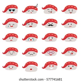 Sashimi emoji vector set. Emoji sushi with faces icons. Sushi roll funny stickers. Food, cartoon style. Vector illustration isolated on white background