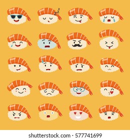 Sashimi emoji vector set. Emoji sushi with faces icons. Sushi roll funny stickers. Food, cartoon style. Vector illustration isolated on yellow background