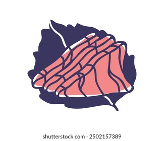 Sashimi, fresh raw red fish slices served on leaf. Japanese Asian seafood delicacy, eating. Salmon, sea food, traditional Japan cuisine dish. Flat vector illustration isolated on white background