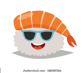 Sashimi happy emoji vector illustration. Emoji happy sushi in sunglasses icons. Sashimil whith shrimp funny stickers. Food, cartoon style. Sushi isolated on white background