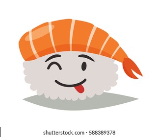 Sashimi happy emoji vector illustration. Cute sushi with tongue emoticon icons. Sashimil whith shrimp funny sticker, flat cartoon style. Isolated emoticon on white background
