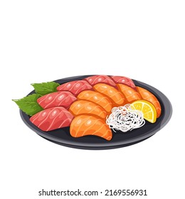 Sashimi, Japanese food vector illustration. Cartoon isolated plate with salmon and tuna slices, sliced pieces of raw fish and meat for eating with soy sauce, dish from menu of Japan sushi restaurant