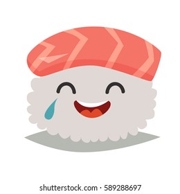 Sashimi laughing emoji vector illustration. Cute sushi emoticon icon. Sashimil whith salmon funny sticker, flat cartoon style. Isolated emoticon on white background