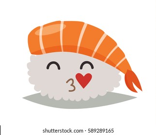 Sashimi  in love emoji vector illustration. Cute sushi emoticon icon. Sashimil with kiss funny sticker, flat cartoon style. Isolated emoticon on white background