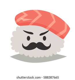 Sashimi moustached emoji vector illustration. Cute sushi emoticon icon. Funny emoticon gentleman, flat cartoon style sticker. Isolated emoticon on white background