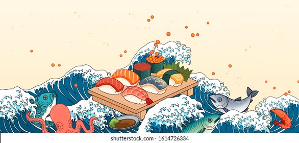 Sashimi on giant wave tides background in ukiyo-e style