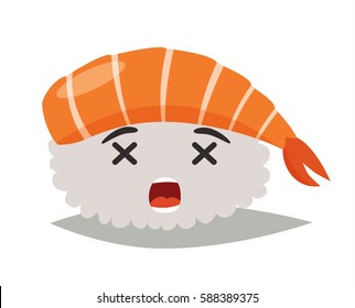 Sashimi sad emoji vector illustration. Cute dead sushi emoticon icon. Sashimil funny emoticon, flat cartoon style. Isolated emoticon on white background