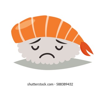 Sashimi sad emoji vector illustration. Cute sad sushi in sunglasses icons. Sashimil whith shrimp funny sticker, flat cartoon style. Isolated on white background