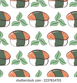Sashimi with salmon seamless pattern. Traditional Japanese food with rice and seafood. Asian food background. Sushi print for textile, packaging, paper and product design vector illustration