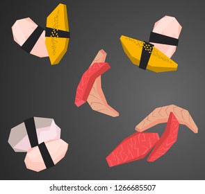 Sashimi set - low polygonal cartoon style minimal slice of eel, tuna, squad in nori seaweed, omelet with sesame. For design menu restaurant delivery, flyer, web background
