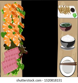 Sashimi,  shrimp, fried dumplings, rice, seaweed salad, Japanese tableware, plates and chopsticks set, add text.