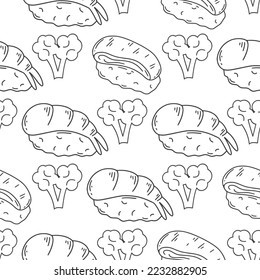 Sashimi with shrimp tuna and salmon seamless pattern. Background hand engraved Japanese appetizer with rice and seafood. Asian food print for textile, paper, packaging vector illustration