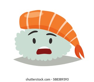 Sashimi sick emoji vector illustration. Cute upset sushi  icons. Sashimil whith shrimp funny sticker, flat cartoon style. Isolated on white background