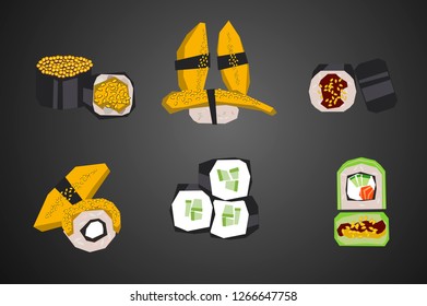 Sashimi and sushi icon set - low polygonal cartoon style minimal slice of eel,cucumber philadelphia cheese, caviar nori seaweed with sesame. For design menu restaurant delivery, flyer, web background