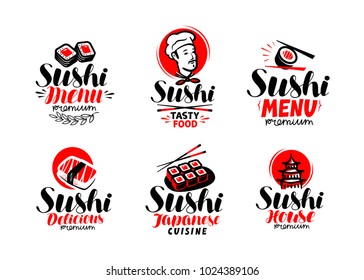 Sashimi, sushi, logo or label set. Japanese cuisine, healthy food typography. Lettering vector illustration