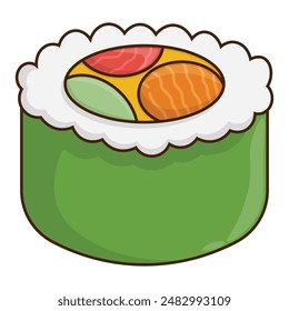 Un rollo de sushi sashimi con envolturas de algas verdes en el exterior, lonchas de pescado de colores blancos y arroz en el medio. Ilustración de comida tradicional japonesa